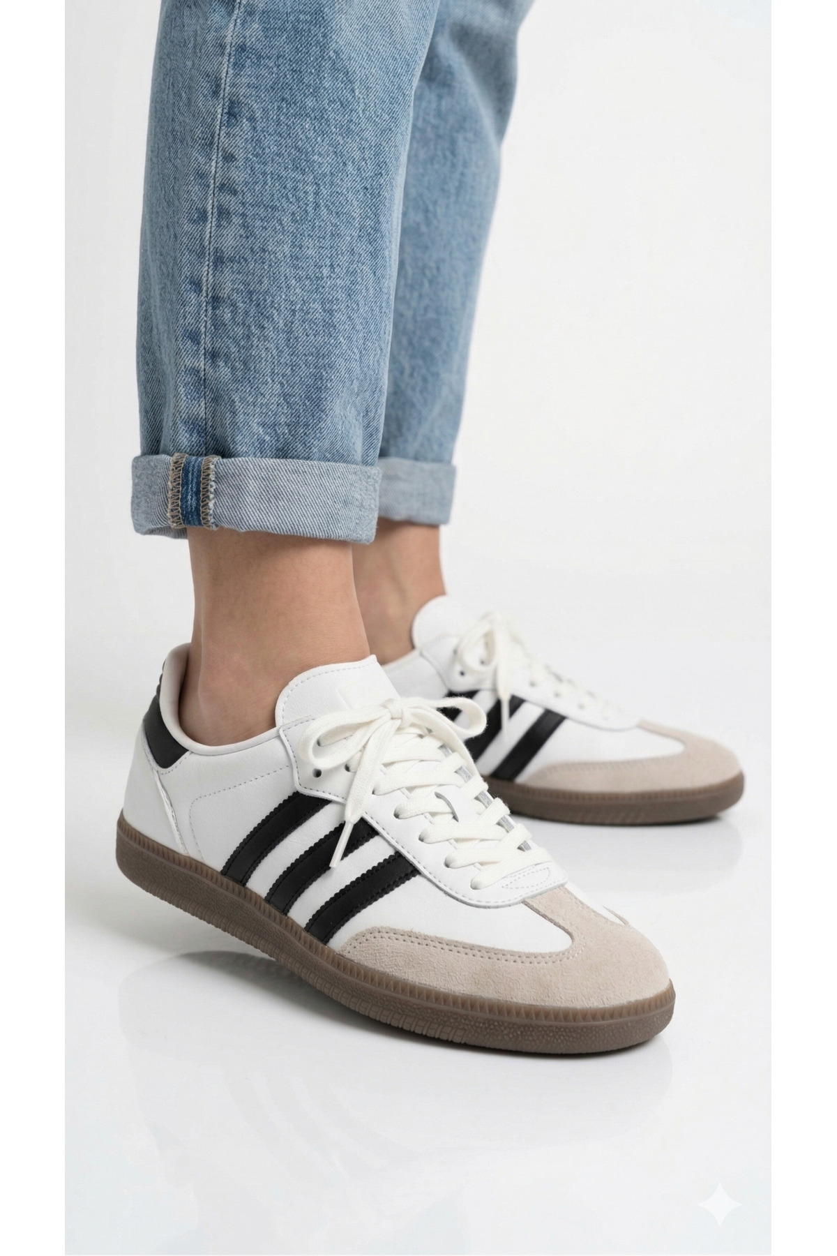 Beyaz Kadın Sneaker Ayakkabı Süet Burunlu Kauçuk Taban Spor Ayakkabı