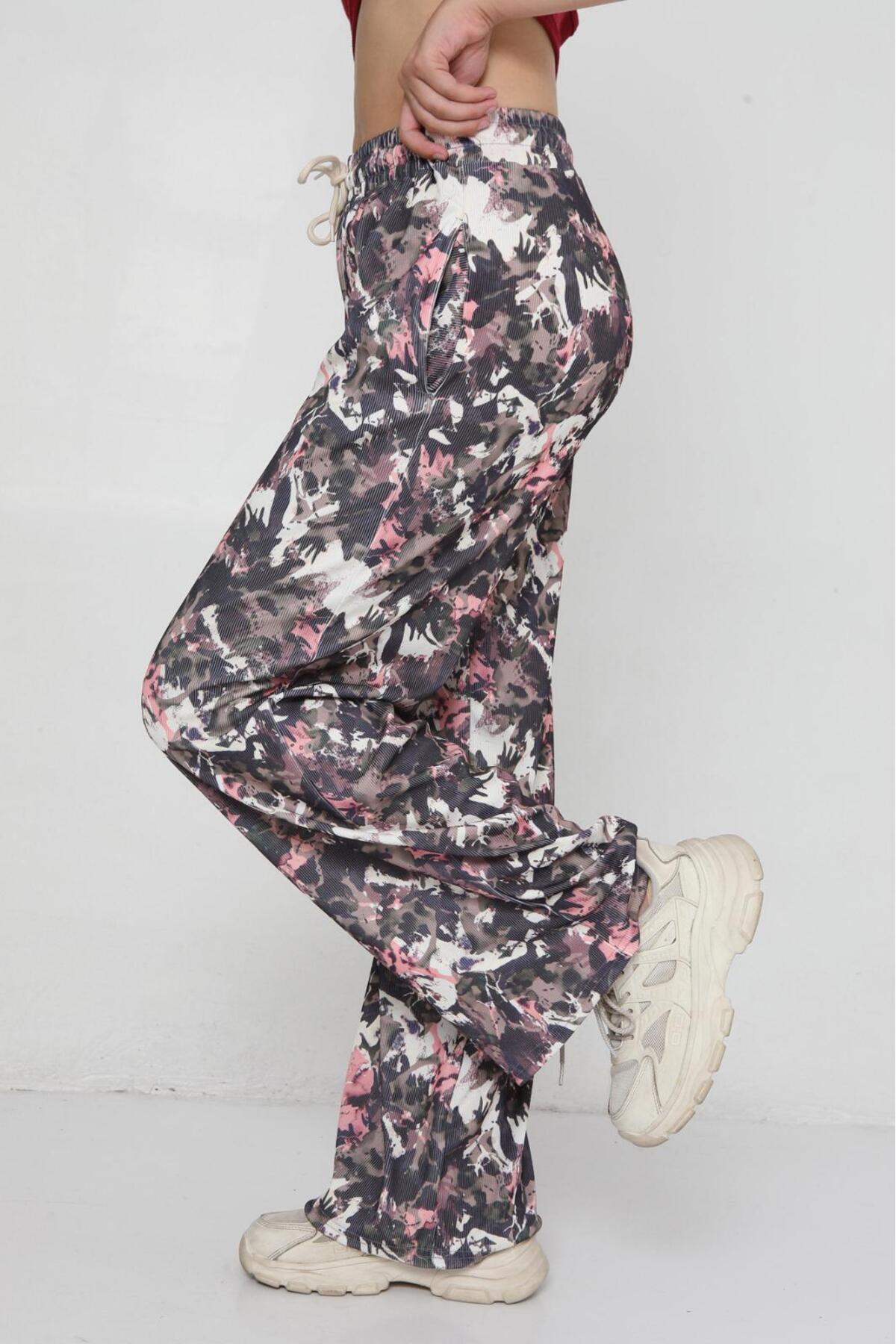 Kadın Desenli Ottoman Kumaş Palazzo Pantolon