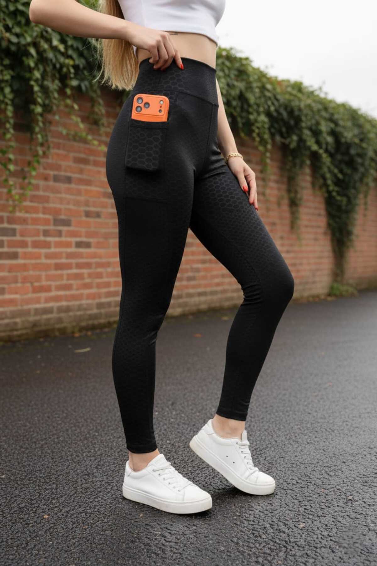 Yüksek Bel Toparlayıcı Kadın Spor Tayt Yan Cepli, Esnek Kumaş, Siyah Yılan Derisi Desenli Tayt