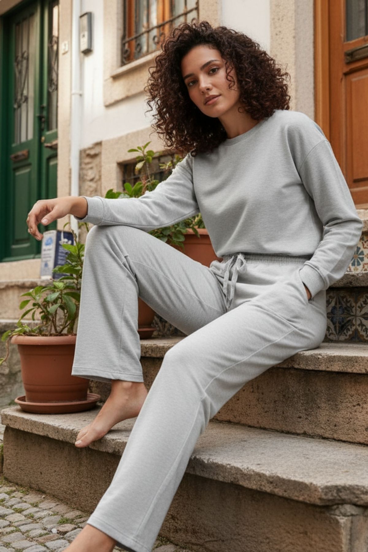 Kadın İki İplik Oversize Düz Paça Modal Eşofman Altı