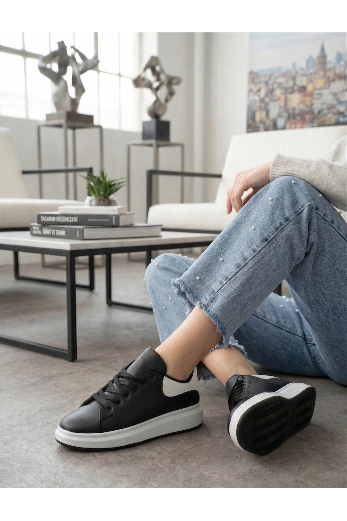 Siyah Beyaz Kontrast Detaylı Rahat Taban Günlük Sneaker Spor Ayakkabı
