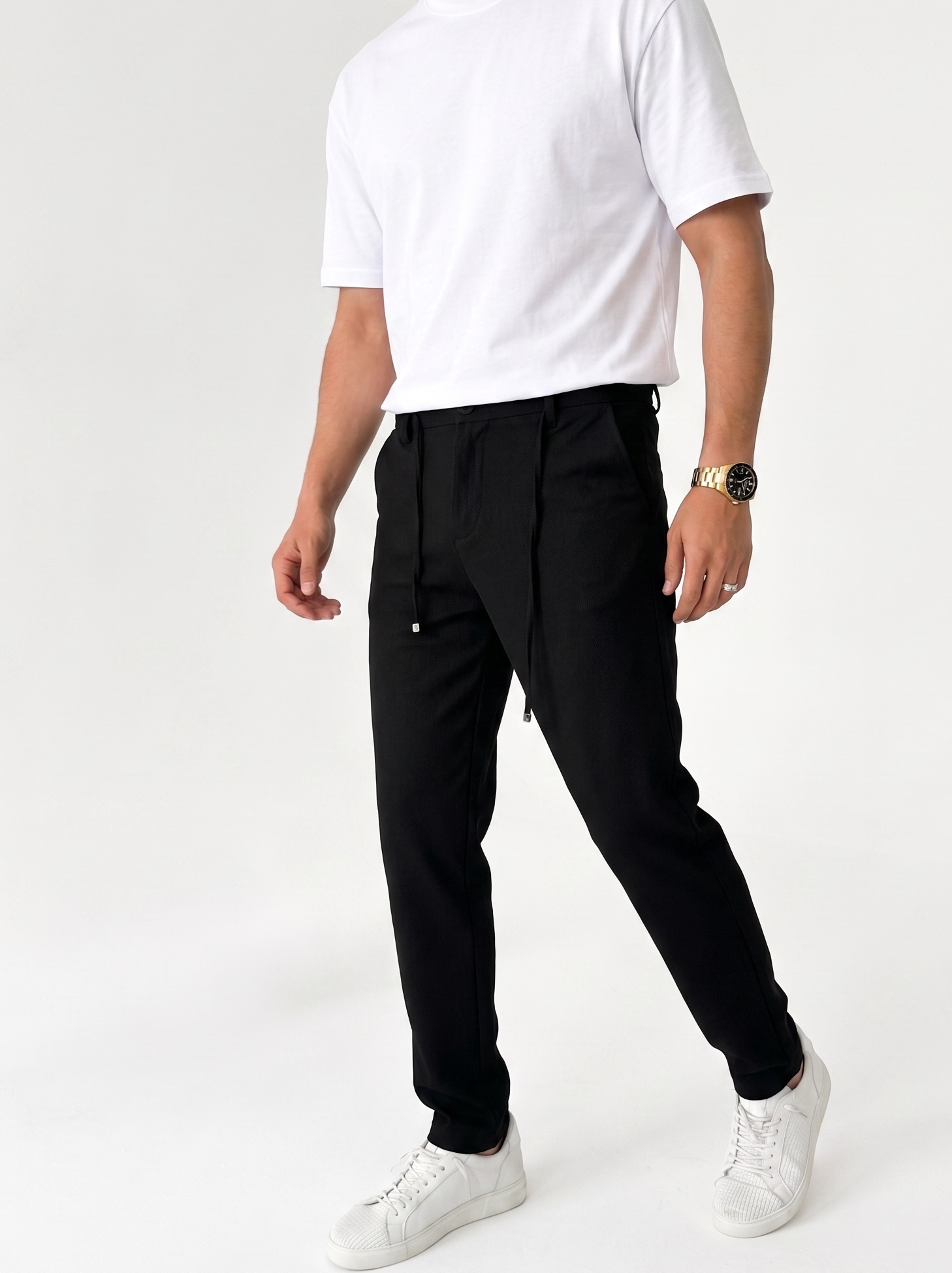 Siyah Slim Fit Beli Lastikli İpli Jogger Kumaş Pantolon