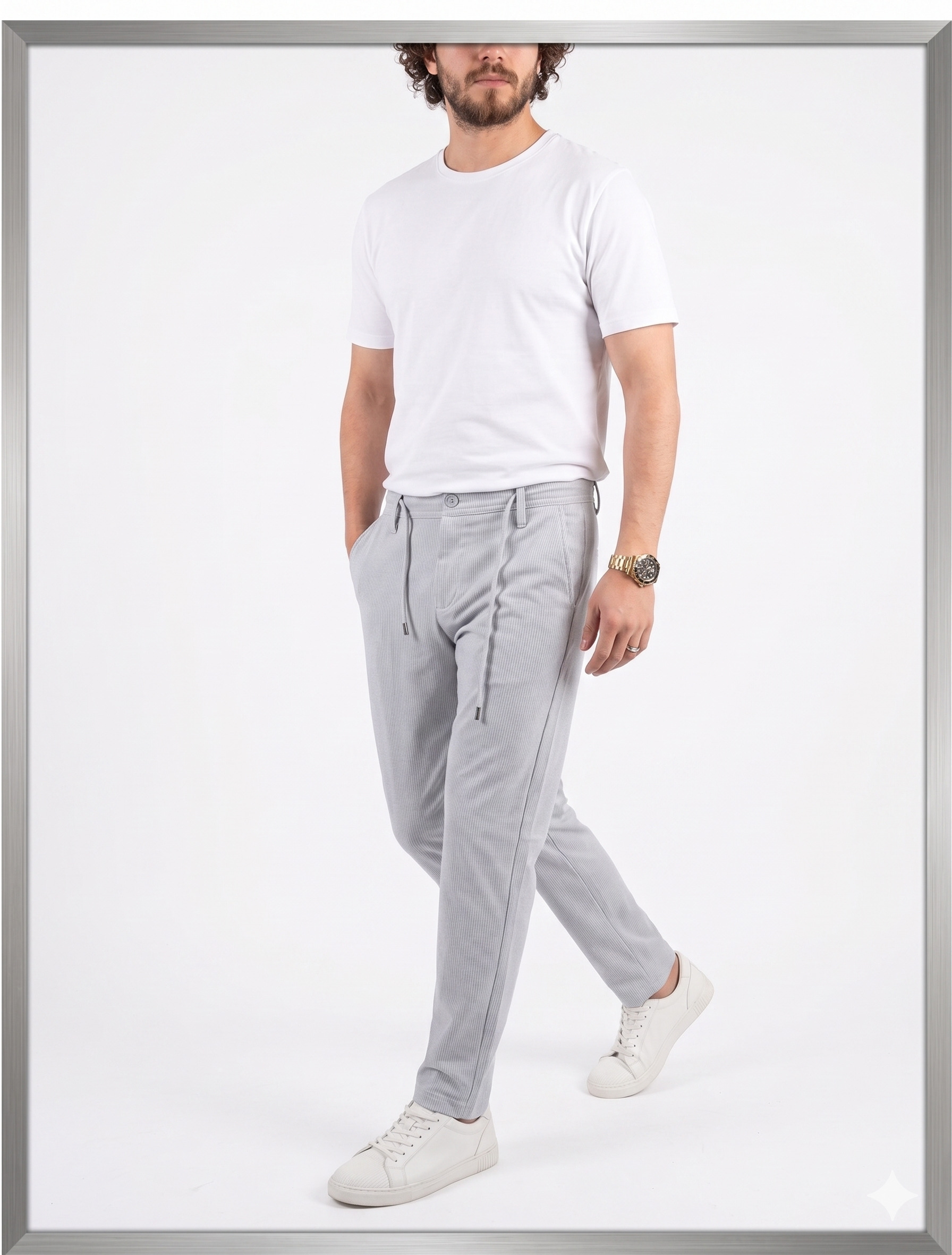  Erkek Gri Çizgili Beli İpli Lastikli Jogger Pantolon