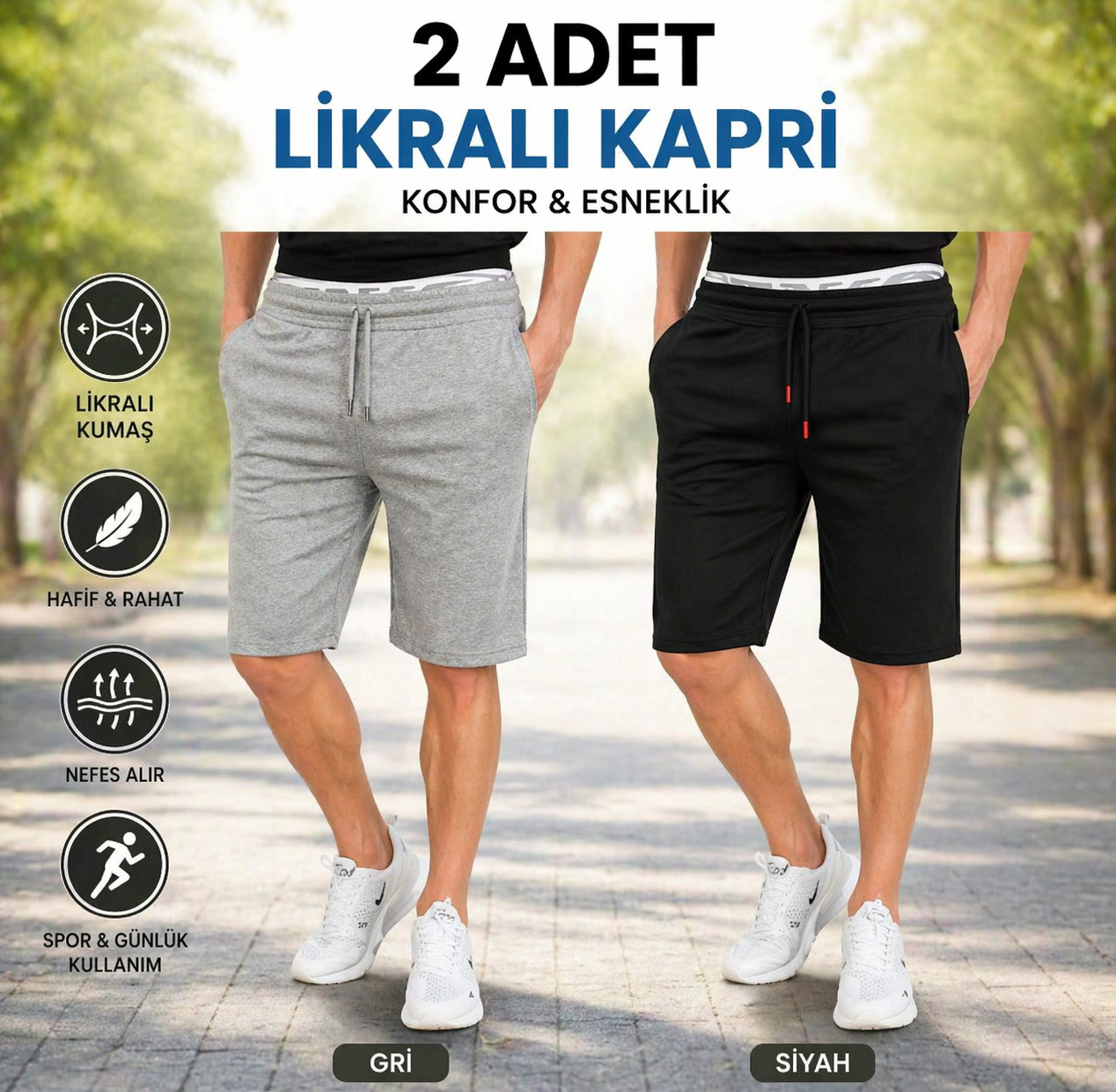 Erkek 2'li Paket Likralı Penye Kapri Şort Seti - Gri & Siyah